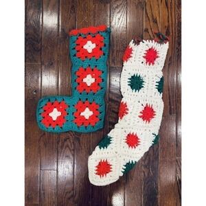 Set Granny Square Christmas Stockings Lot of 2 Grannycore Vintage Holiday Decor